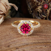 1.5 Carat Round Cut Halo Cluster Ruby Wedding Ring Pave Flower Promise Ring